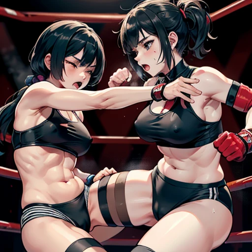 punch, punch, punch. two bloody beautiful Japanese female fighters are looking at each eyes. life or death struggle. survival battle. dynamic exciting action in the octagon fighting ring. whole body picture. they are beating each other so hard. their punches to each other's faces. they are covered in scars and bruises. they are damaged terribry. Short-cut black hair, out of breath, drooling from mouth, one eye closed, exhausted, drenched in sweat. Erect nipples. open finger glove. sports-bra, high-leg panty. Stockings. armwarmers. Whittled waistline,