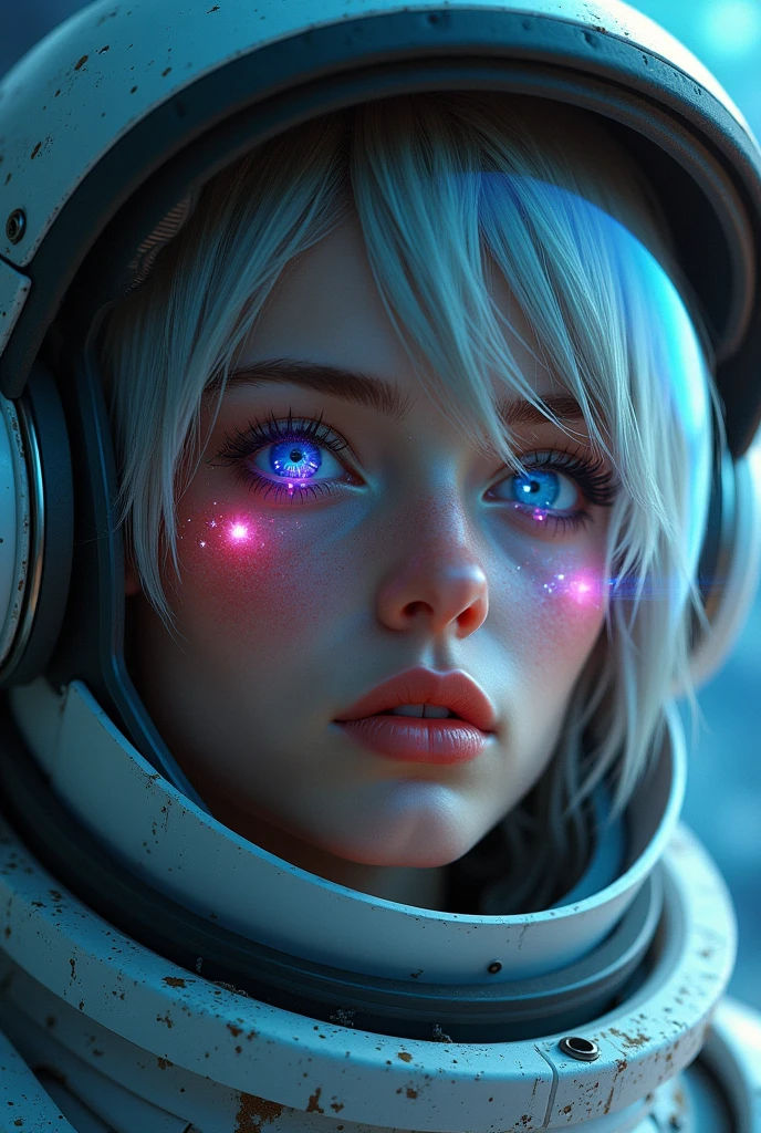 (Close-up of a better masterpiece: 1.5) 0.9], (Space and astronauts: 1.2) (Disheveled silver hair: 1.1) (Xanthochromia heterochromia and blue eyes: 1.2) (space helmet: 1.0) (colorful stars in the eyes: 1.0) (A radiant glow: 1.1) (thick lips: 0.9)