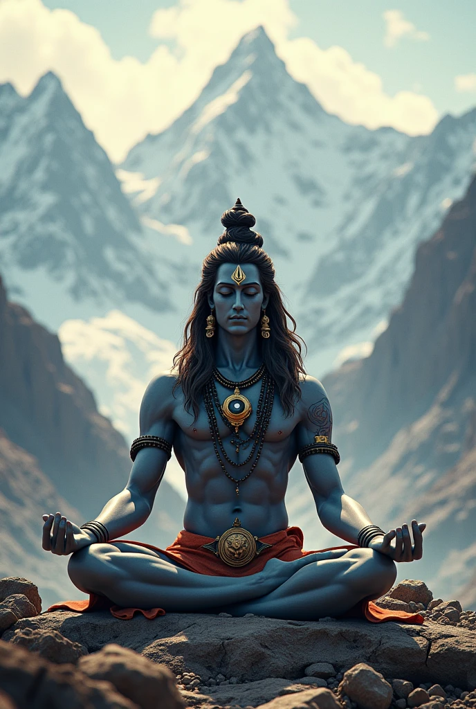 Please generate Mahadev picture, in meditation pose, with Himalaya mountains and trishul make something different