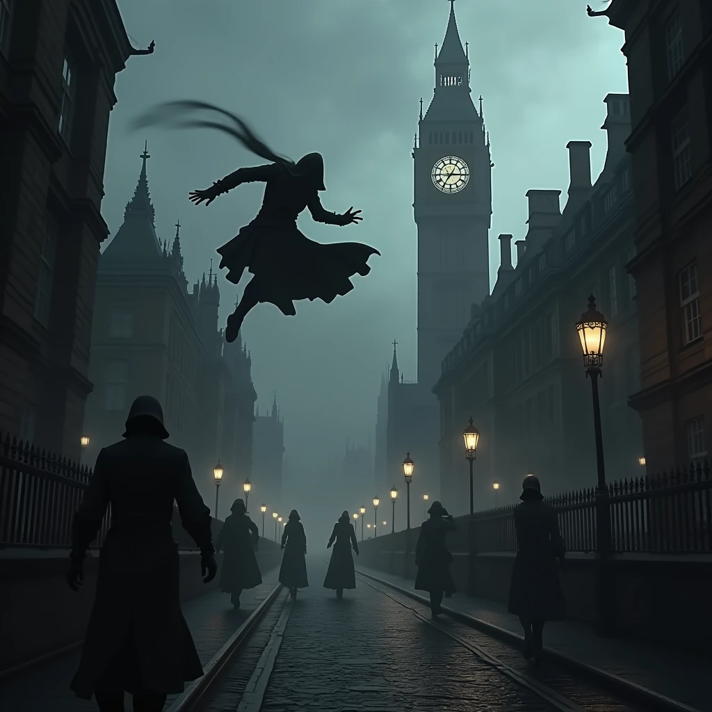  Create a series of highly realistic and dynamic images depicting a dark and atmospheric Victorian London. The scene should be drenched in a noir tone, with sharp contrasts and deep shadows. **Key Elements:** 1. **Setting:** Victorian London, with foggy streets, dimly lit alleyways, and grand, gothic architecture. Include iconic elements like gas lamps, cobblestone streets, and the silhouette of Big Ben in the background. 2. **Characters:** An enigmatic assassin, cloaked in dark, hooded attire typical of the Assassin’s Creed series. The character should be shown in motion, either leaping across rooftops, blending into shadows, or engaged in stealthy actions. Include dynamic poses that convey movement and agility. 3. **Atmosphere:** Emphasize a gritty, tense mood with high contrast lighting. The scenes should have a dramatic and shadowy quality, with intense focus on the interplay of light and darkness. 4. **Action:** The assassin should appear menacing and agile, performing intricate acrobatics or engaging in a dramatic confrontation. Capture the sense of speed and fluidity in their movements. 5. **Details:** Incorporate realistic textures and details to enhance the authenticity of the setting and characters. Pay attention to the effects of lighting on the assassin’s attire and the environment.