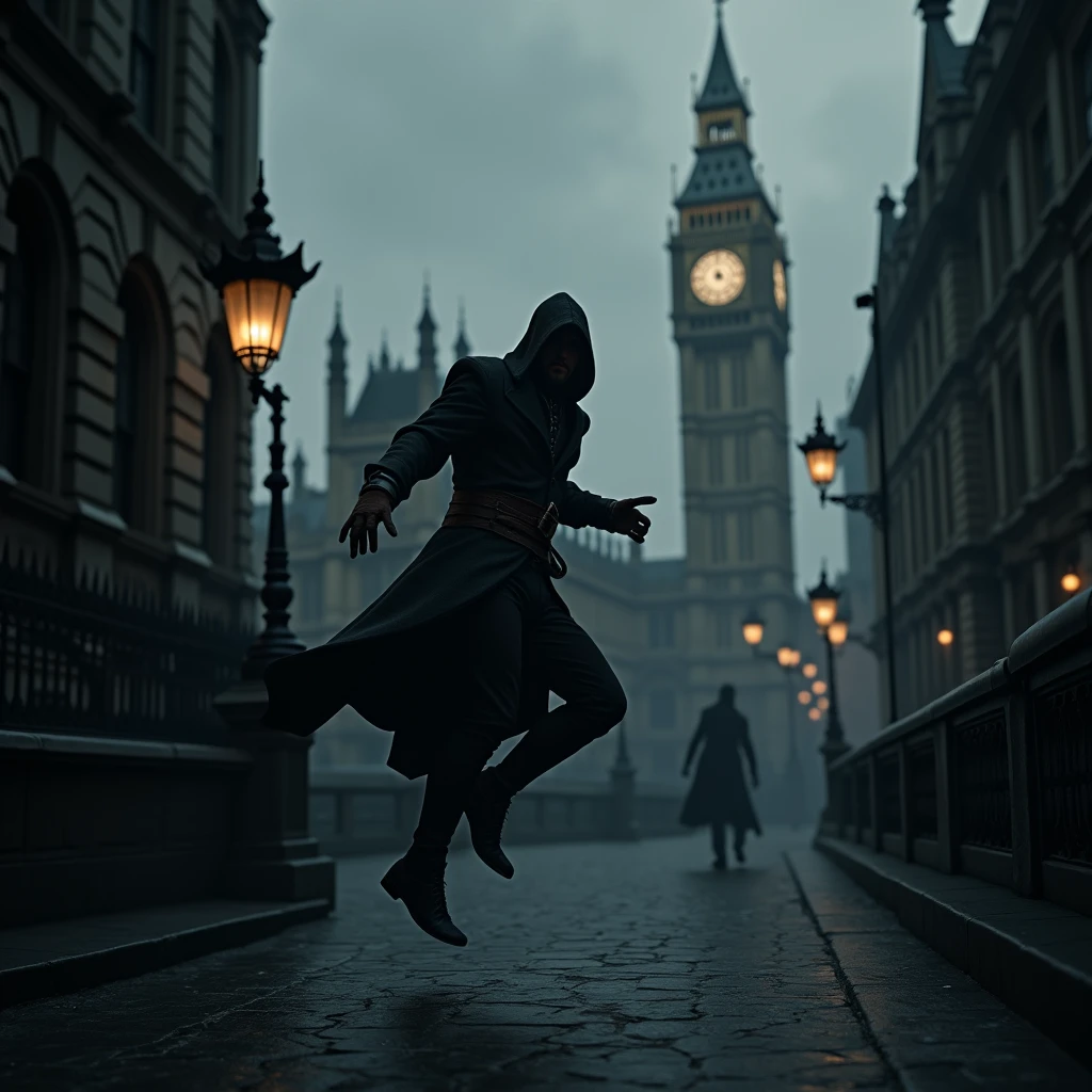 Create a series of highly realistic and dynamic images depicting a dark and atmospheric Victorian London. The scene should be drenched in a noir tone, with sharp contrasts and deep shadows. **Key Elements:** 1. **Setting:** Victorian London, with foggy streets, dimly lit alleyways, and grand, gothic architecture. Include iconic elements like gas lamps, cobblestone streets, and the silhouette of Big Ben in the background. 2. **Characters:** An enigmatic assassin, cloaked in dark, hooded attire typical of the Assassin’s Creed series. The character should be shown in motion, either leaping across rooftops, blending into shadows, or engaged in stealthy actions. Include dynamic poses that convey movement and agility. 3. **Atmosphere:** Emphasize a gritty, tense mood with high contrast lighting. The scenes should have a dramatic and shadowy quality, with intense focus on the interplay of light and darkness. 4. **Action:** The assassin should appear menacing and agile, performing intricate acrobatics or engaging in a dramatic confrontation. Capture the sense of speed and fluidity in their movements. 5. **Details:** Incorporate realistic textures and details to enhance the authenticity of the setting and characters. Pay attention to the effects of lighting on the assassin’s attire and the environment.