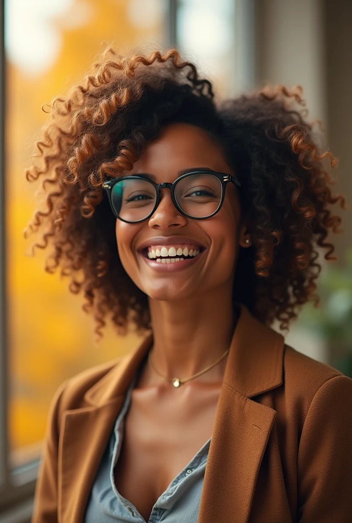 Happy curly-haired woman with glasses making $100k in sales
