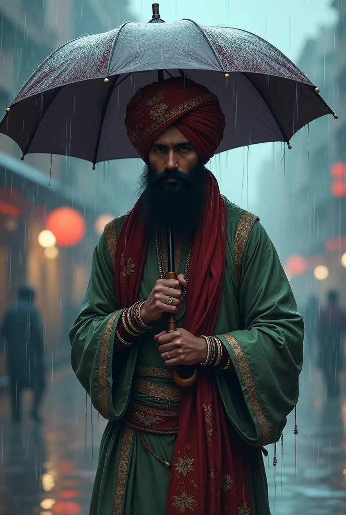 punjabi Turban guy in rain with umbrella and hidden face anime