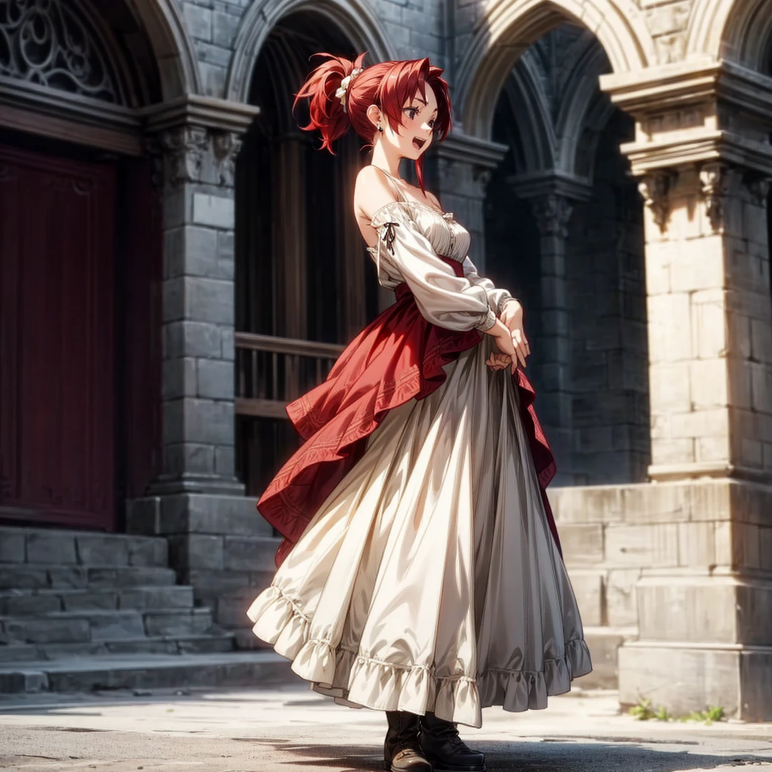 Solo character, full body version, young girl, black eyes, red color hair, long hair, ponytail, long dress clothing, Victorian dress, white color dress, bare shoulder clothing, long skirt, boots, earrings, outdoor, village, medieval, morning, standing gesture, detailed background, detailed clothing, detailed hair, happy eyes, open mouth, Medium breast 