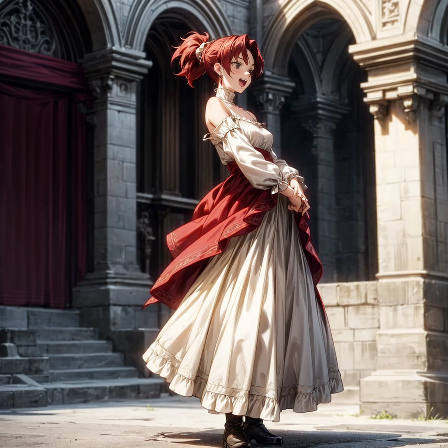 Solo character, full body version, young girl, black eyes, red color hair, long hair, ponytail, long dress clothing, Victorian dress, white color dress, bare shoulder clothing, long skirt, boots, earrings, outdoor, village, medieval, morning, standing gesture, detailed background, detailed clothing, detailed hair, happy eyes, open mouth, Medium breast 