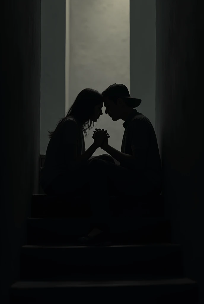 a guy and a girl sitting on stair and everyone finger are on both in black shadow