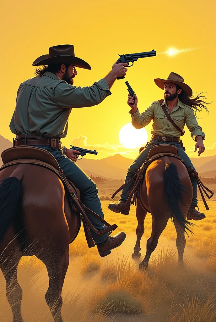 Cowboy gun fight. Art style like Mitch Byrd. One cowboy fumbles his gun. One cowboy is about to shoot. 

