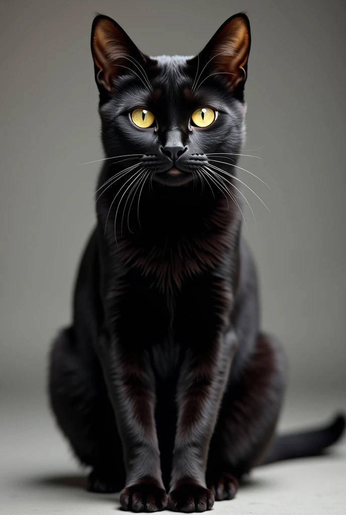 black cat, looking at the camera, and realistic 