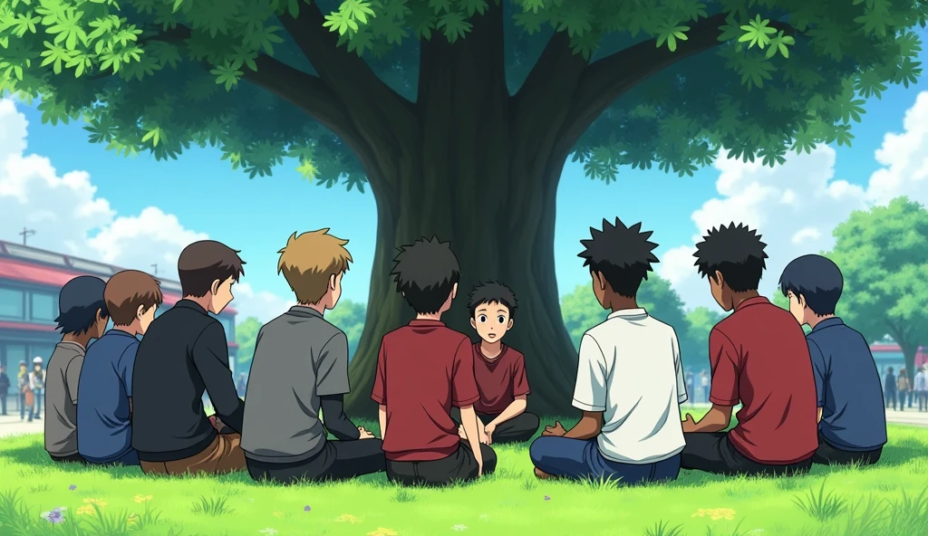 a group of young black students, white and brown skinned, with a boy with short hair or shaved head with more than 11 boys and more than 9 girls, , sitting in a circle outdoors, talking under a huge tree on a sunny day with fresh green grass, in a busy environment full of people, all in anime style
