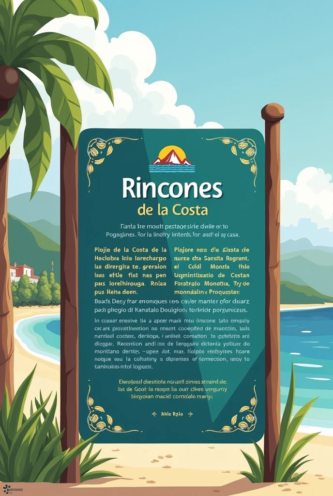 We are going to design signs for tourist sites in the Olón region, Montañita and San Vicente de Loja. Each signage must be clear, Informative and visually appealing, following the corporate identity we have established. Here is a concept for different types of signage:
1. Main Entrance Signage Conceptual Design:
form: Rectangular with rounded edges.
Size: 60 cm x 40 cm.
bottom: Dark blue with an emerald green border.
Logo: At the top center, the “Rincones de la Costa” logo in full colors.
Text: Name of the tourist site in Montana Bold typeface and a brief description in Sansita Regular.
Details: Mountain icons, beach and sea on the edges, in light beige and emerald green tones.
Design Description:
bottom Azul Oscuro: For strong contrast and visibility.
Logo: Located on the top.
Site Name: In large and prominent typography.
Brief description: Useful information about the site.
2. General Information Signage