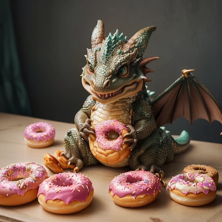 there is a dragon figurine sitting on a table with donuts, pastry lizard, you being dragon food, realistic lifelike dragon, stuffed dragon, fat dragon with rider, digesting a small dragon, donut, fat dragon, detailed portrait shot, dough sculpture, soft delicate draconic features, cute little dragon, fantasy food, a hyper realistic, magical and mystical