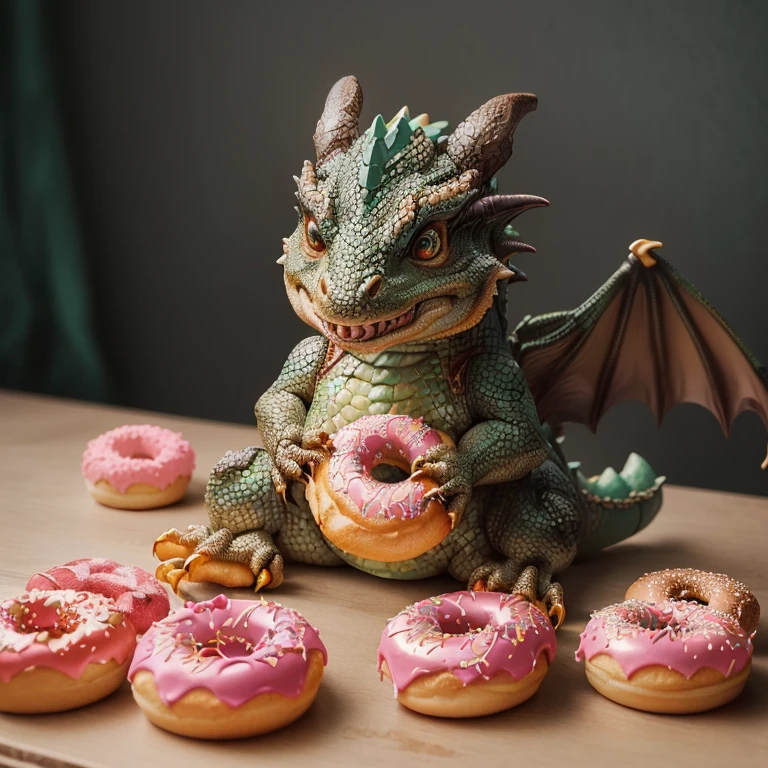 there is a dragon figurine sitting on a table with donuts, pastry lizard, you being dragon food, realistic lifelike dragon, stuffed dragon, fat dragon with rider, digesting a small dragon, donut, fat dragon, detailed portrait shot, dough sculpture, soft delicate draconic features, cute little dragon, fantasy food, a hyper realistic, magical and mystical