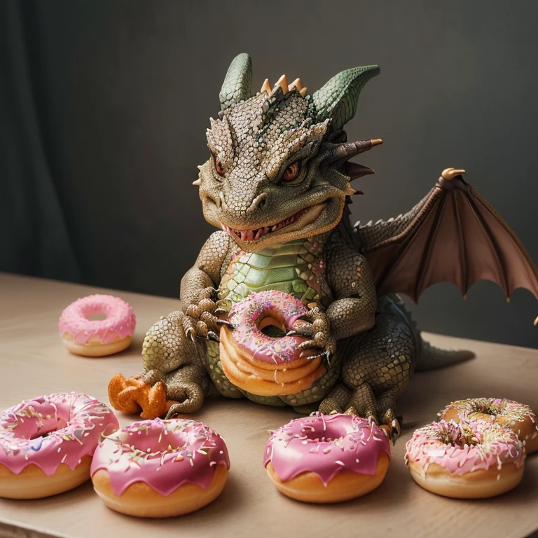 there is a dragon figurine sitting on a table with donuts, pastry lizard, you being dragon food, realistic lifelike dragon, stuffed dragon, fat dragon with rider, digesting a small dragon, donut, fat dragon, detailed portrait shot, dough sculpture, soft delicate draconic features, cute little dragon, fantasy food, a hyper realistic, magical and mystical