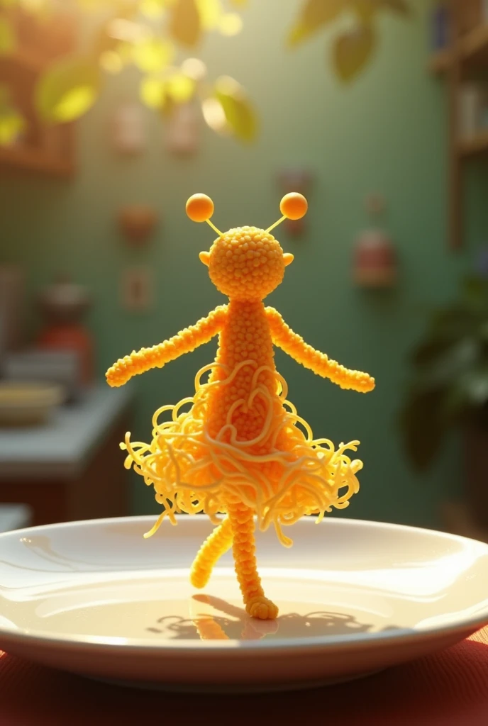 " A whimsical miniature figure composed 
of delicately arranged noodles poised in a carefree dance on the rim of a plate white shiny plate set on a table vibrant kitchen backdrop. where dappled sunlight tilters through the canopy above
Casting intricate shadows. the overall aesthetic is ethereal. with warm. earthy
tones of sienna umber, infused with hints of emerald and golden light, evoking a acnse of wonder and enchantment as if 
Plucked from a fantastical realm,,