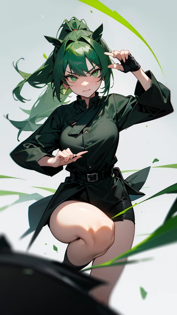 In real life, green eyes, green pony tail hair  ,black  hot cloths ware ,hand glaps black ,hot she is ,wink women