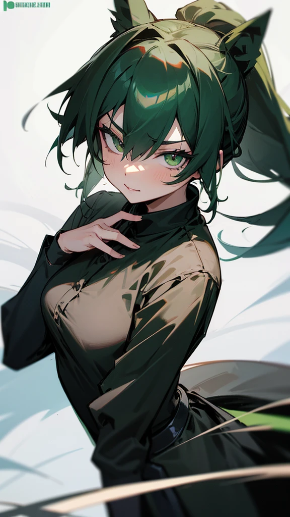 In real life, green eyes, green pony tail hair ,black hot cloths ware ,hand glaps black ,hot she is ,wink women