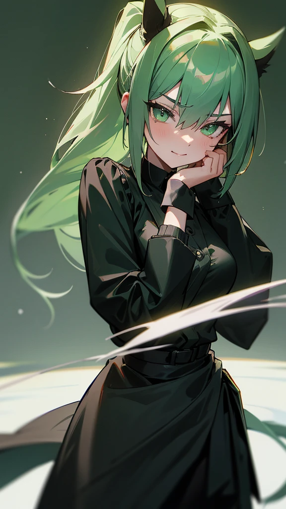 In real life, green eyes, green pony tail hair  ,black  hot cloths ware ,hand glaps black ,hot she is ,wink women