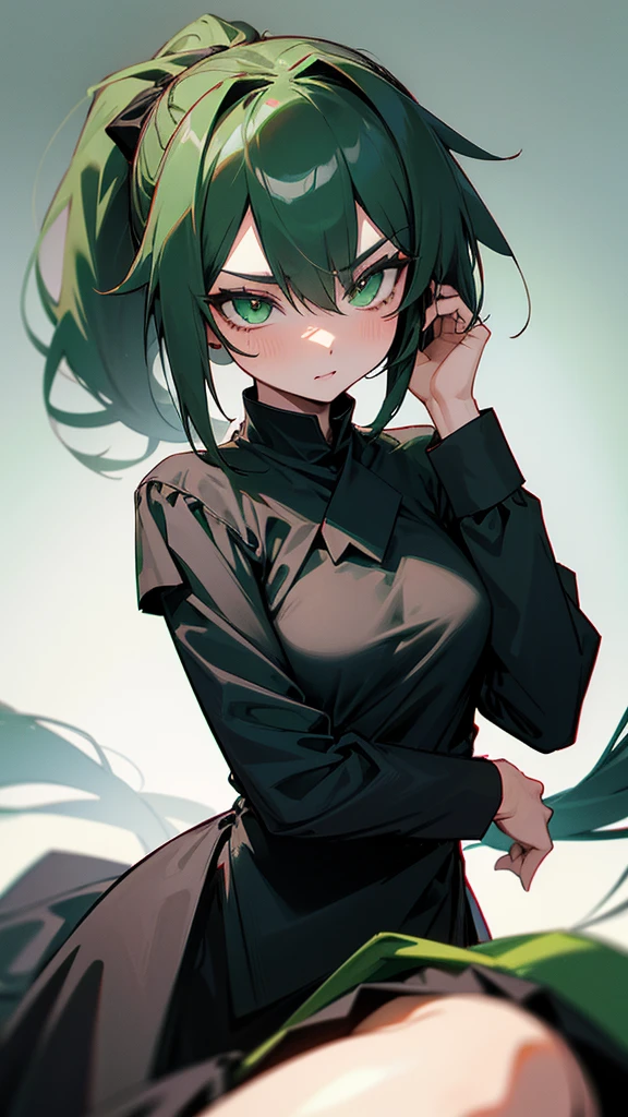 In real life, green eyes, green pony tail hair ,black hot cloths ware ,hand glaps black ,hot she is ,wink women