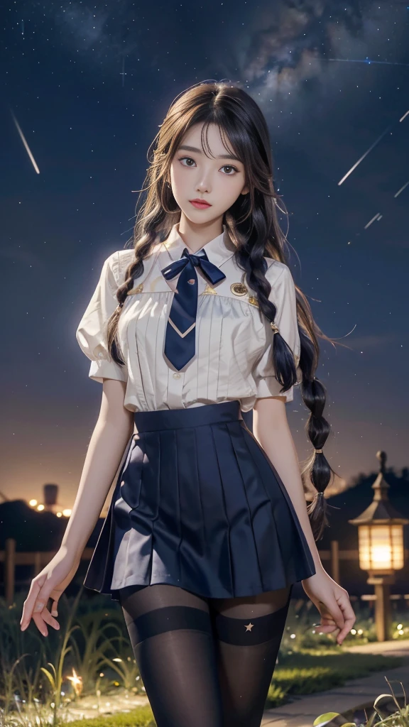 ulzzang-6500-v1.1, (RAW photo: 1.2), (Real photo), (Real photo: 1.4), 1 girl、Perfect anatomy、19 years old、Looking at the camera、Medium length hair、side braids, uniform short skirt, in a surreal royal garden, with many hanging lanterns, under the starry night sky, ((starry night: 1.1))、(Surreal tights: 1.2), (Business service)、Asian eyes Ella,