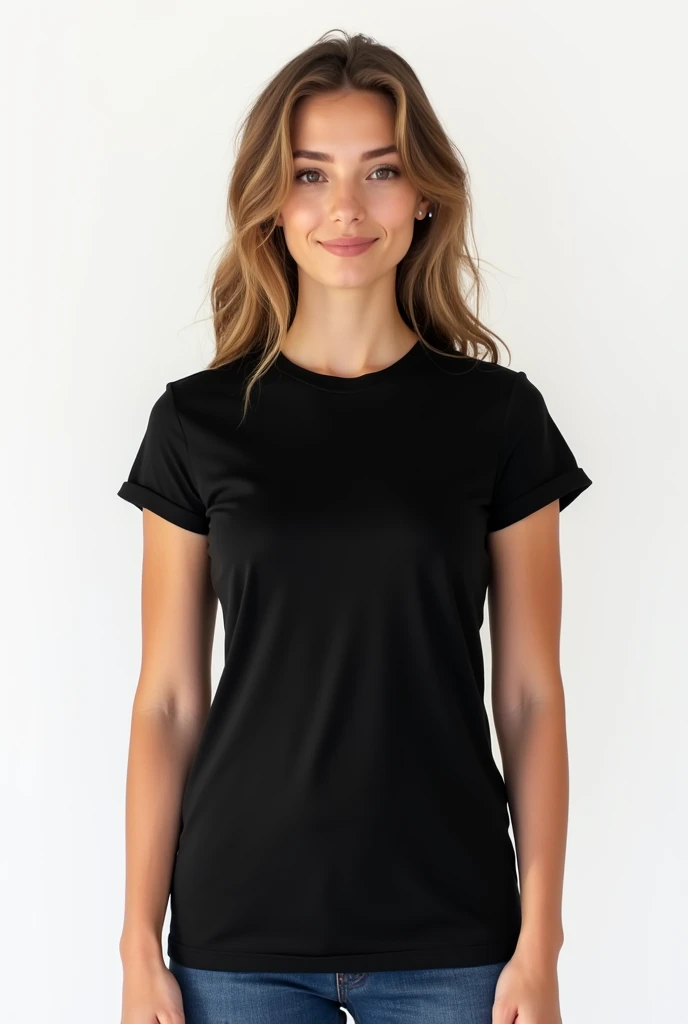 young woman in black women&#39;s t-shirt, Lisa, unisex, on a white background