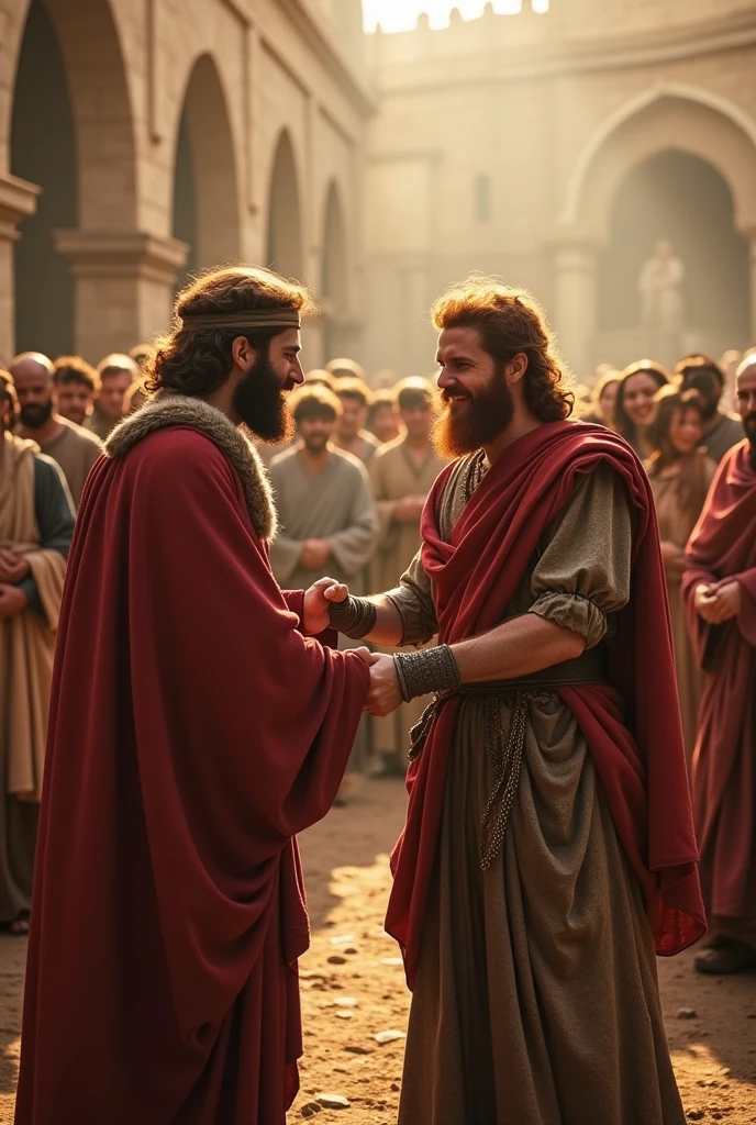 Representations of the death of Saul and the anointing of red-haired David as king. in front of many happy people
