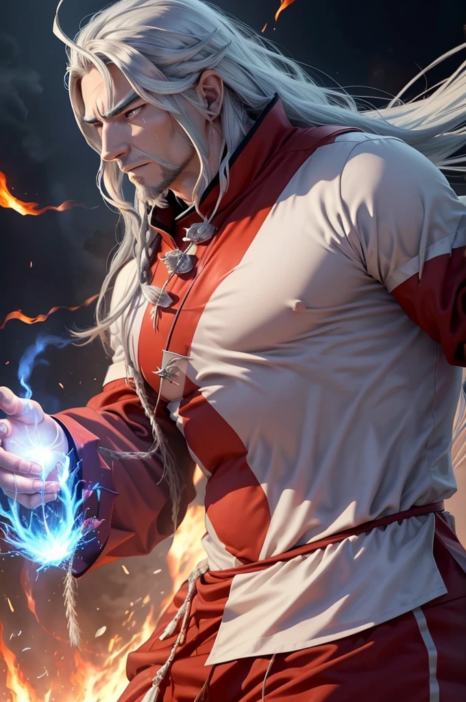 bulky emperor of a fire nation with flowing silver hairs, anime style, hd, freirce look, manly traits, pale blue eyes, fire spirit swirling around, wearing red desert clothes