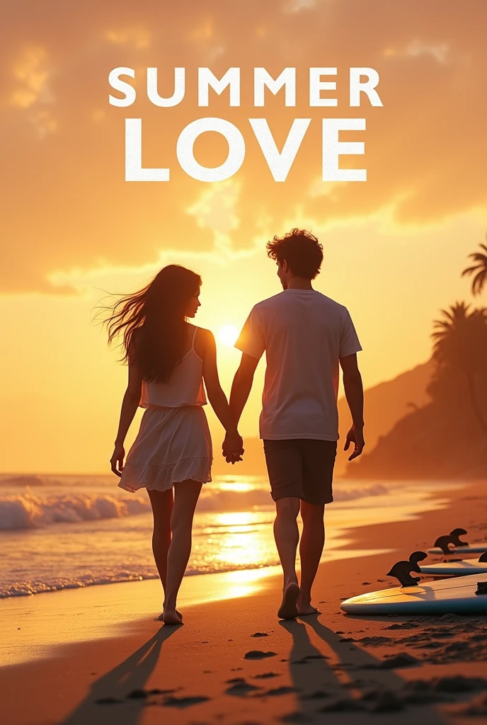 A cover for a Netflix series about two teenagers who fall in love. The title is "summer love" that they are walking on the beach at sunset. That there are some surfboards on the shore and that they look a little far away. Put the title of summer love
