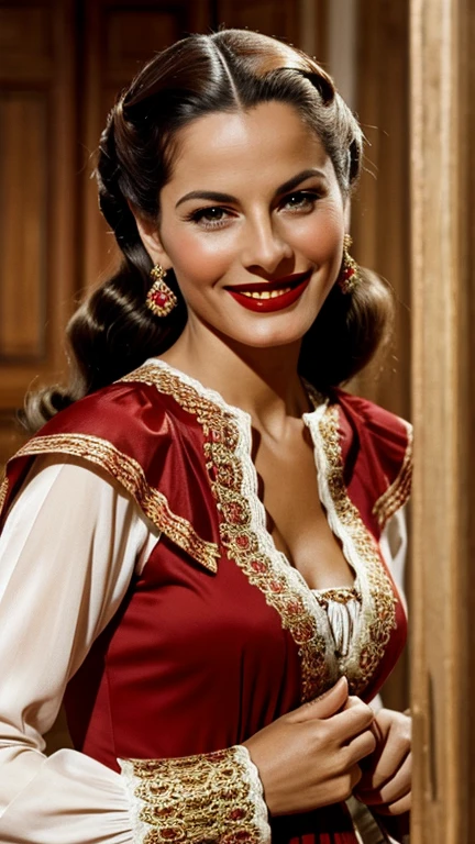 Alida Valli wearing traditional spanish sexy clothes with lipstick and smiling