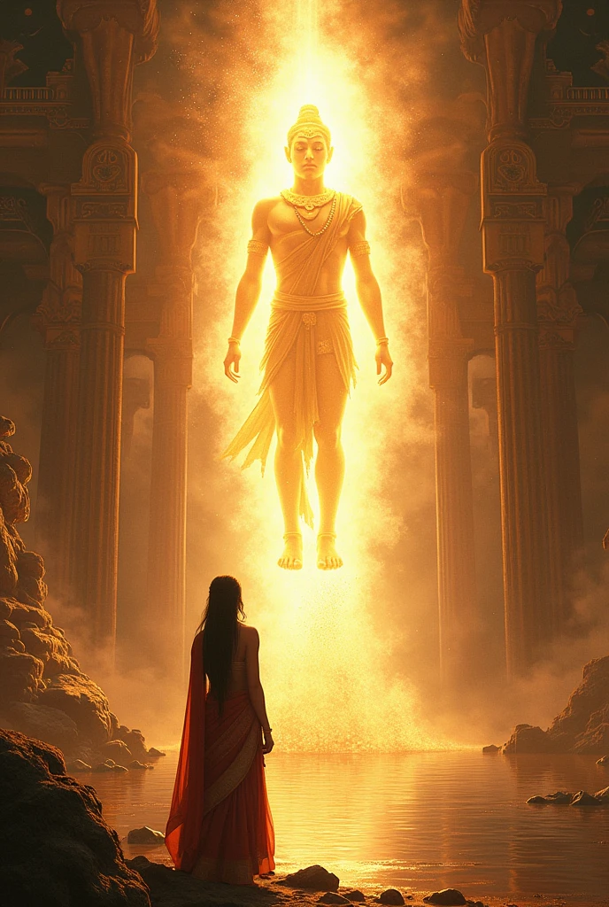 Create an image depicting the birth of Karna from the Mahabharata. Show Kunti, in a setting reflecting ancient India, invoking the divine mantra that leads to the birth of Karna. Illustrate Karna as a radiant , emerging from a divine light or aura, symbolizing his extraordinary lineage. The scene should capture a sense of wonder and divinity, with traditional Indian elements such as ancient architecture or natural beauty in the background. Kunti's expression should reflect both awe and concern, highlighting the significance and challenges of this miraculous birth.