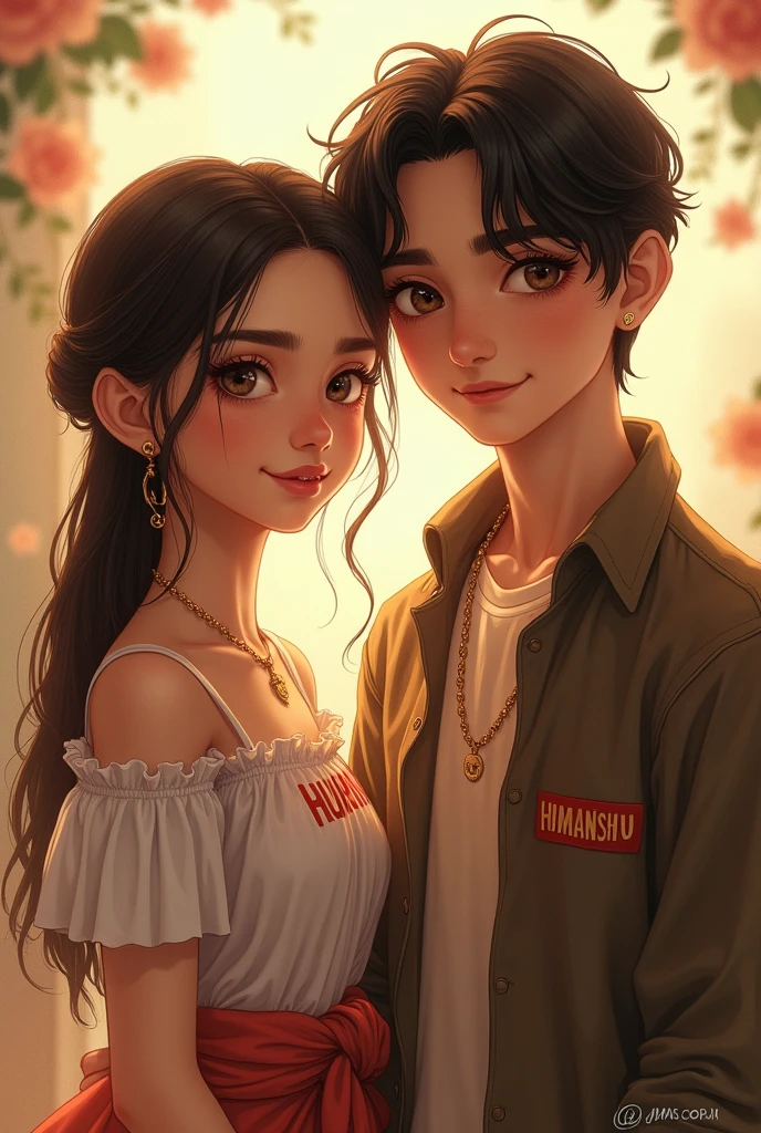 A beautiful girl whose name is HURAIN written on her clothes and a handsome boy whose name is HIMANSHU written on his clothes, both together. those facing forward