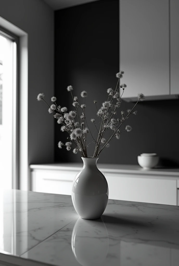 Make a kitchen with perspective in which a vase highlights that everything is black and white