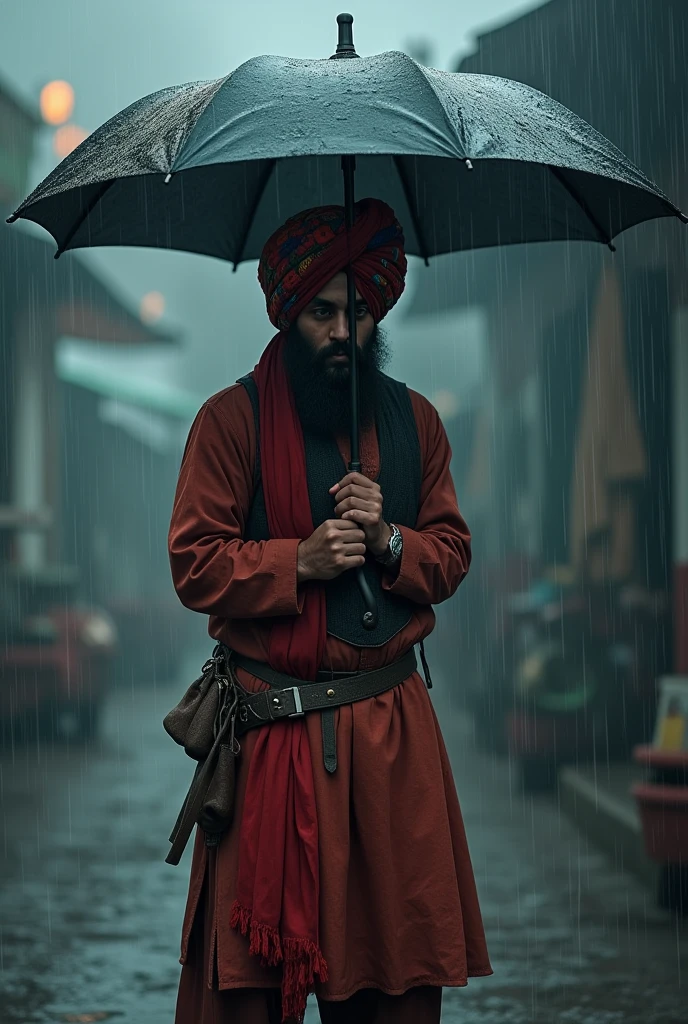 Hidden face Punjabi Turban guy in rain with umbrella