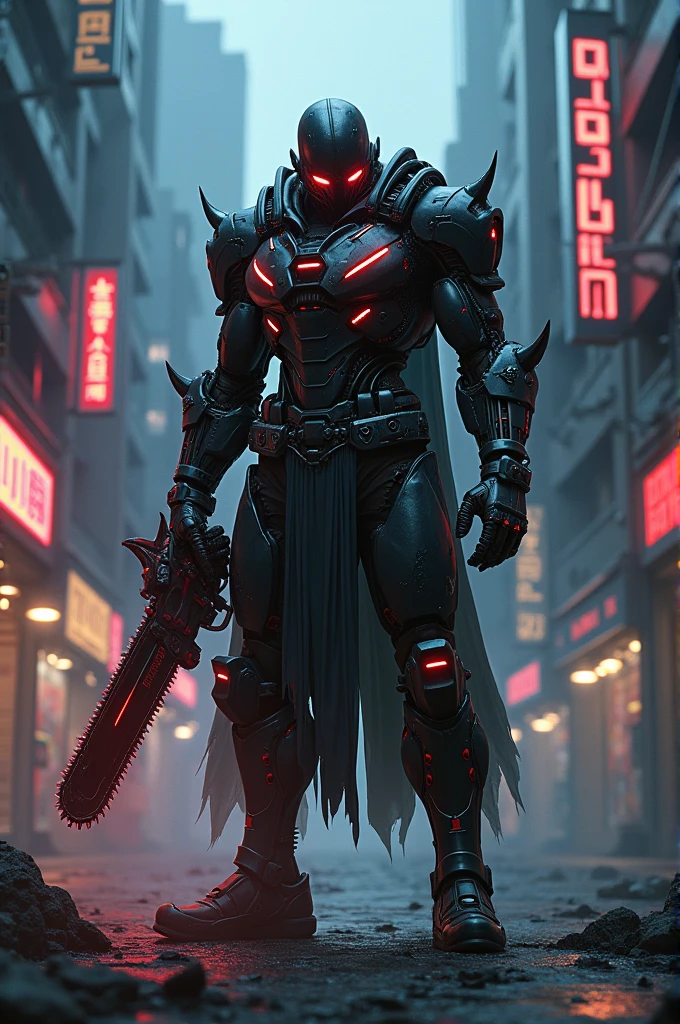Dark_fantasy,cyberpunk,(chain saw,chain saw man,Red:1.1),1man,Mechanical marvel,Robotic presence,Cybernetic guardian