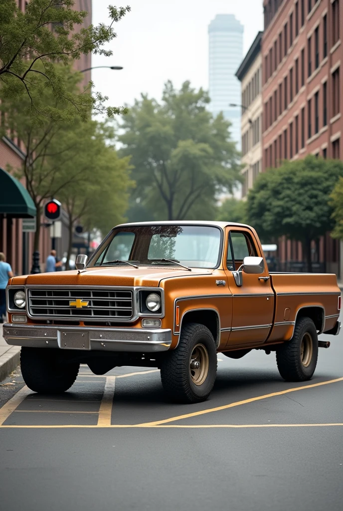 Chevrolet Silverado 350 truck, 1973, light brown, parked in a parking space
