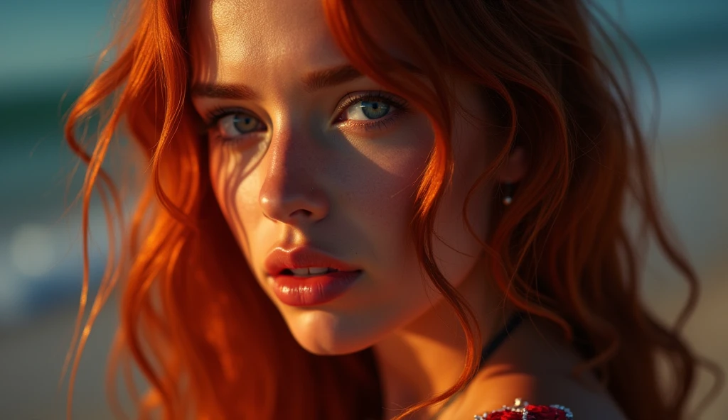 a 16 year old girl,beautiful detailed eyes,beautiful detailed lips,extremely detailed eyes and face,longeyelashes,reddish hair,sensual mini corset,daring pose,clear night,romantic beach,Ibiza,ultrarealistic,highly detailed,photorealistic,4k,masterpiece,HDR,studio lighting,vivid colors,dramatic lighting,dramatic colors