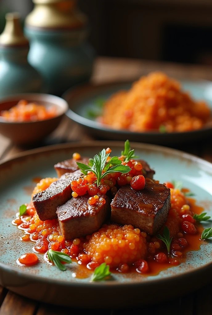 Presentation of a main dish fusing the Valluno-Andean cuisine of Bolivia made with murmunta (cianobacteria) as the main ingredient, Llama meat cooked on embers and rainbow chili encapsulated in a false caviar using cutting-edge techniques where cyanobacteria is the star of the dish. 8k image More rustic but aesthetic presentation with handmade tableware 