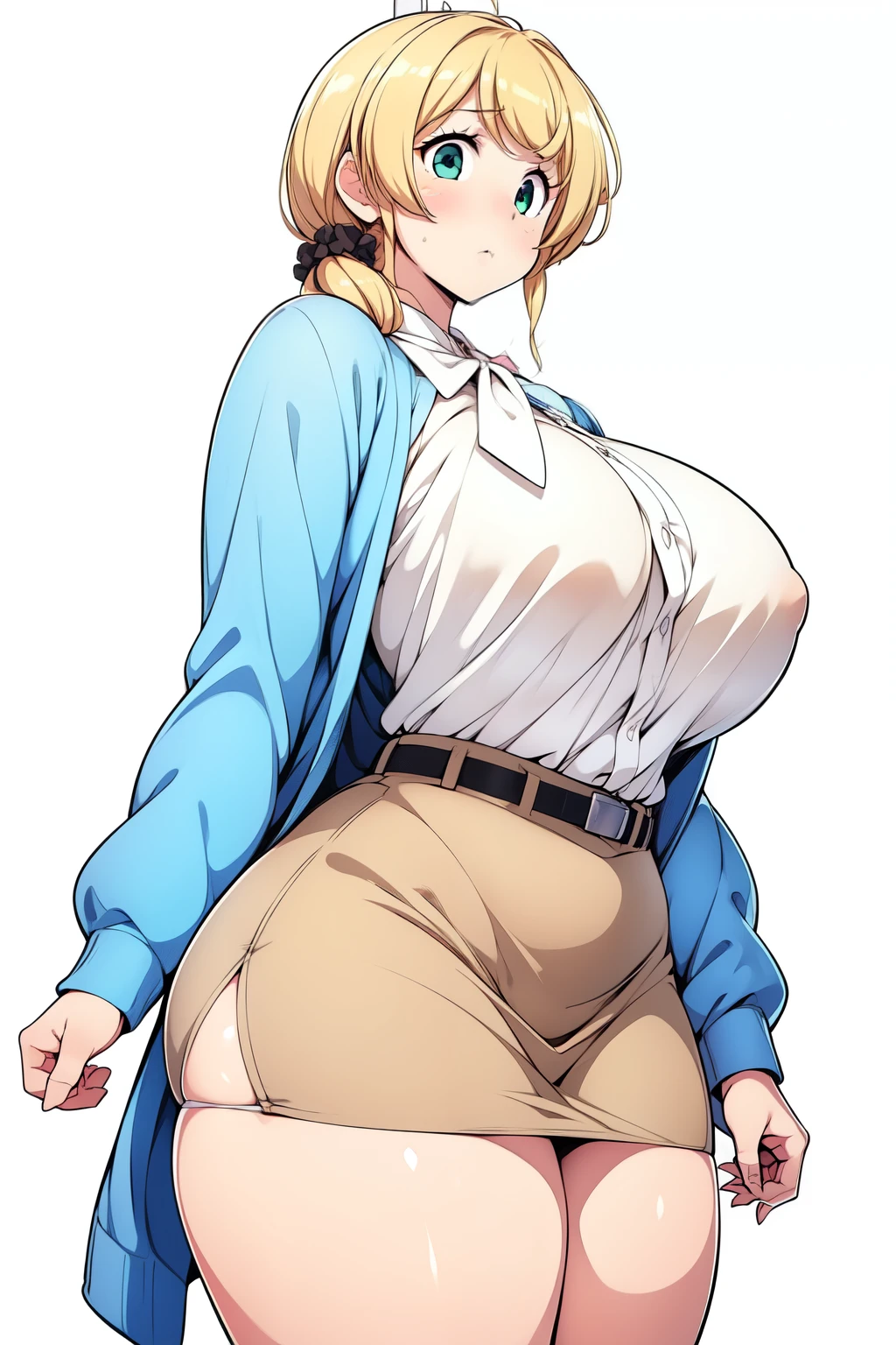 (Highly detailed CG,Highest quality,8k, masterpiece: 1.3),Super Detail, Ultra-high resolution, simple white background, Ellen Baker,girl(teacher),22 years old,Green Eye,Delicate eyes, hair(blonde,length,Loose Side Tail),(White transparent blouse),(Light blue cardigan), (micro mini skirt),Cute pink panties, huge breasts, (voluptuous thighs, thick thighs), (from side:0.7), (nsfw),