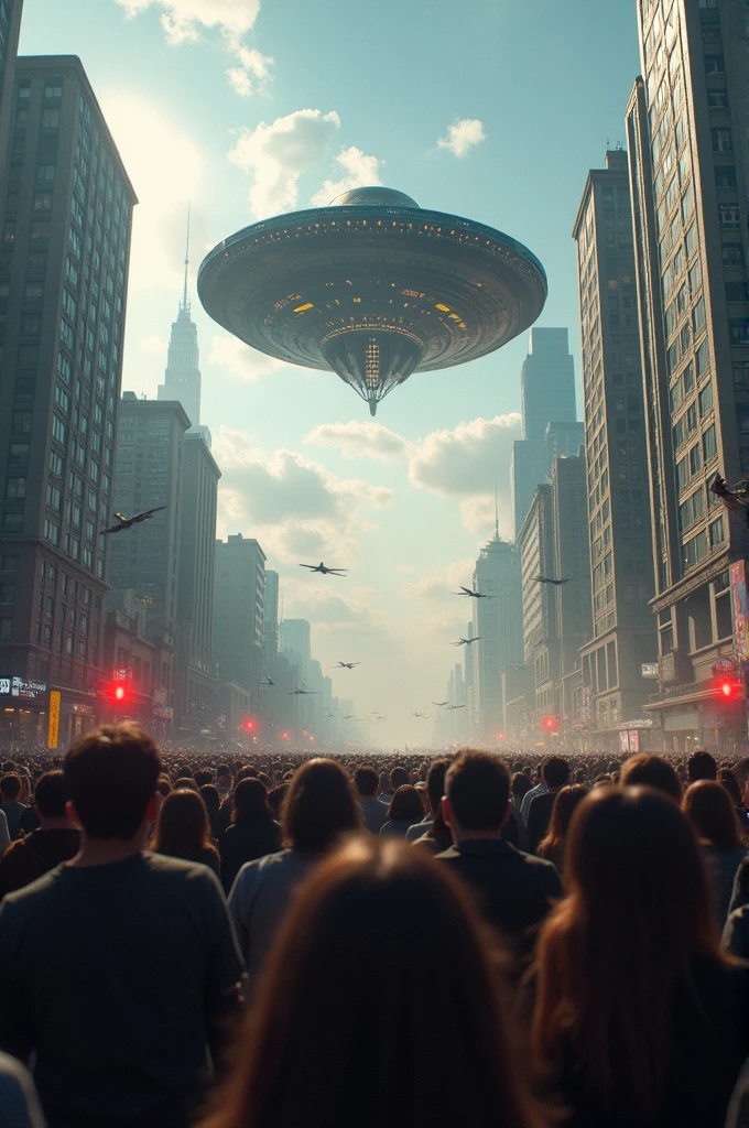 araffe flying over a crowd of people in a city, from a 2 0 1 9 sci fi 8 k movie, alien mothership in the sky, anamorphic flares, call of duty zombies, juno promotional image, parade, inspired by Charles H. Woodbury, the world on fire, flying saucer --auto --s2