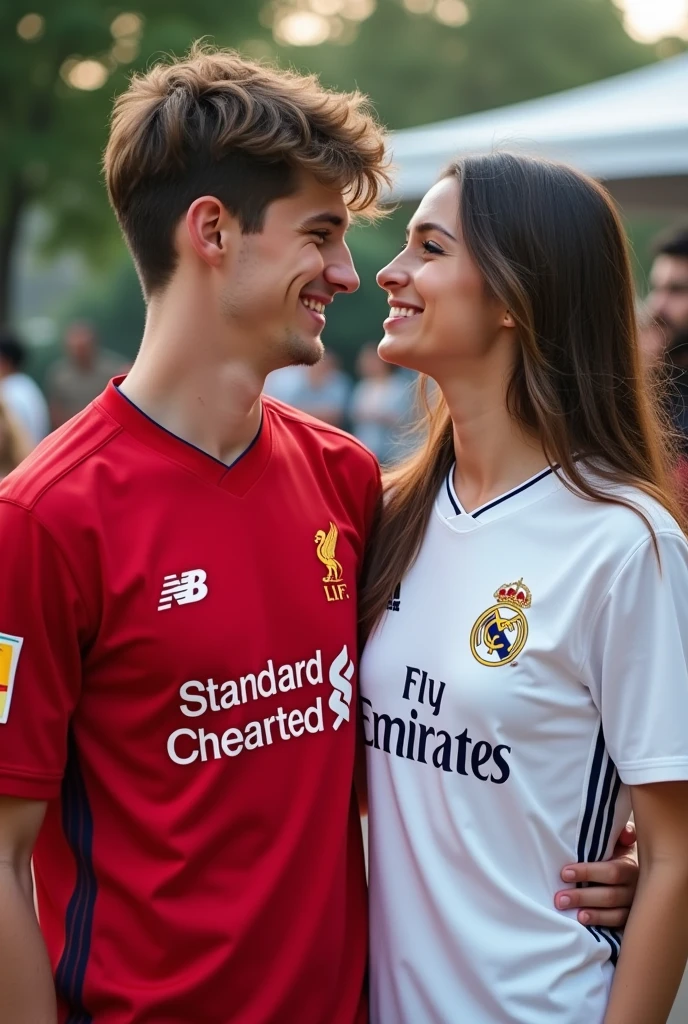 A 22 years old boy, who wear a Liverpool Jersey.. And and a 20 years girl who wear a real madrid Jersey.. They are couple