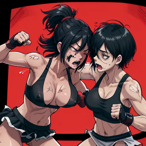 punch, punch, punch. two bloody beautiful Japanese female fighters are looking at each eyes. life or death struggle. survival battle. dynamic exciting action in the octagon fighting ring. whole body picture. they are beating each other so hard. their punches to each other's faces. they are covered in scars and bruises. they are damaged terribry. Short-cut black hair, out of breath, drooling from mouth, one eye closed, exhausted, drenched in sweat. Erect nipples. open finger glove. sports-bra, high-leg panty. Stockings. armwarmers. Whittled waistline,