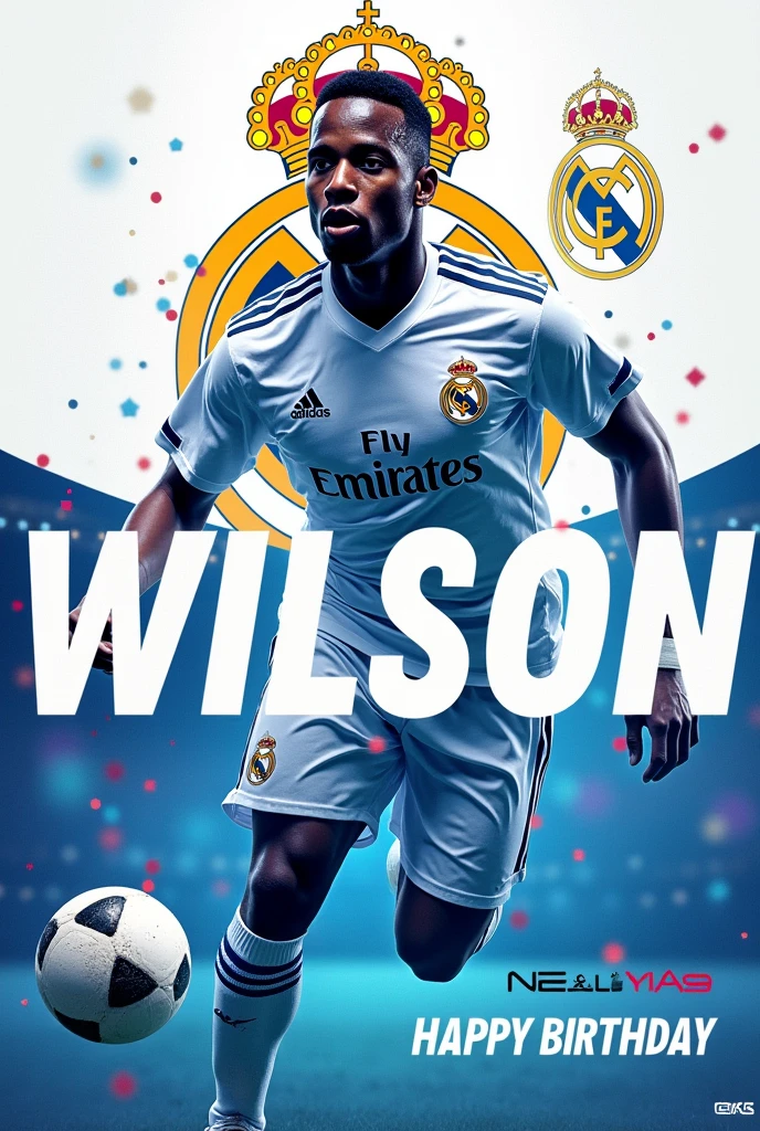 Generate a poster wishing Wilson mam happy birthday using real madrid football club theme