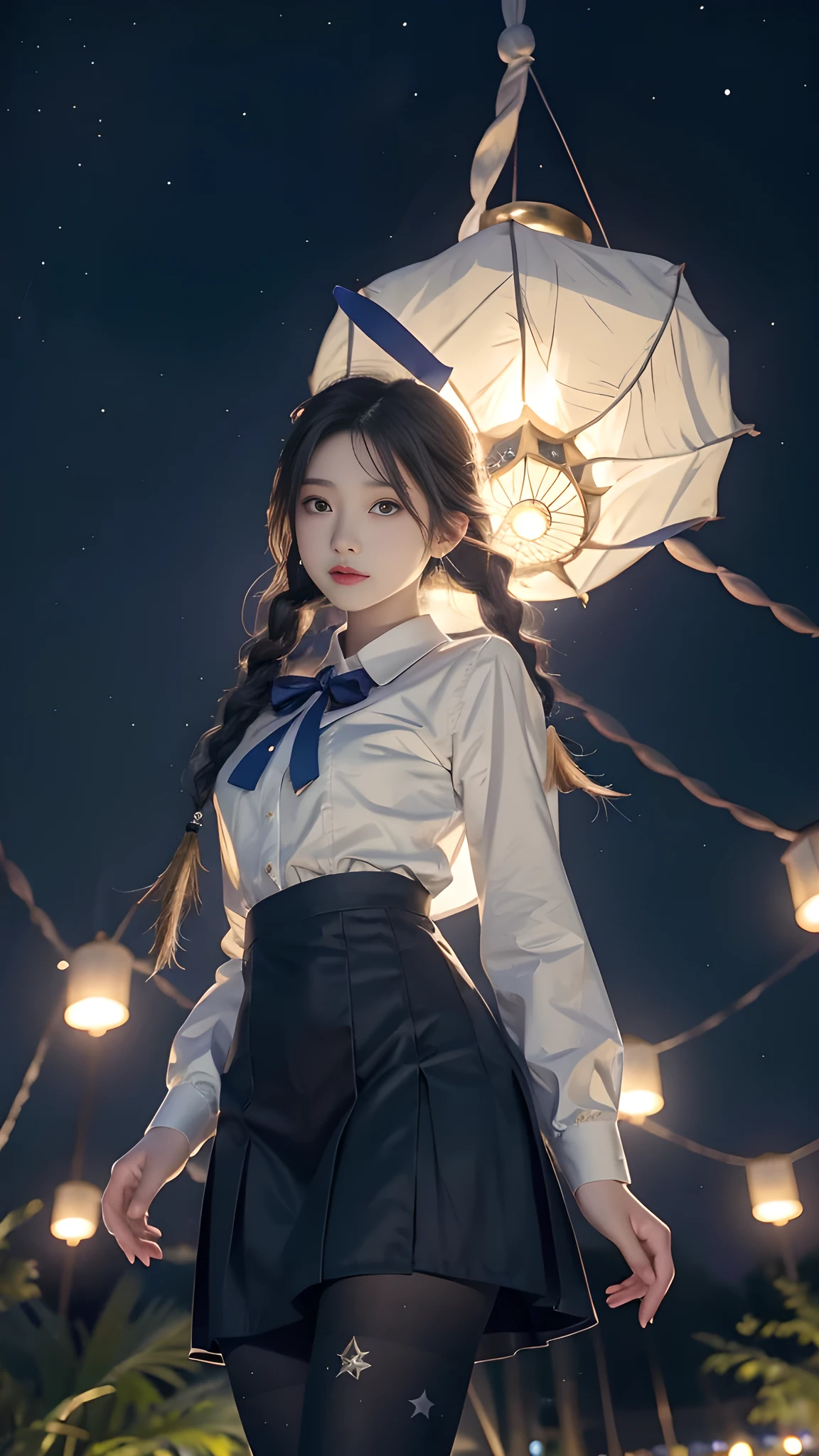 ulzzang-6500-v1.1, (RAW photo: 1.2), (Real photo), (Real photo: 1.4), 1 girl、Perfect anatomy、19 years old、Looking at the camera、Medium length hair、side braids, uniform short skirt, in a surreal royal garden, with many hanging lanterns, under the starry night sky, ((starry night: 1.1))、(Surreal tights: 1.2), (Business service)、Asian eyes Ella,