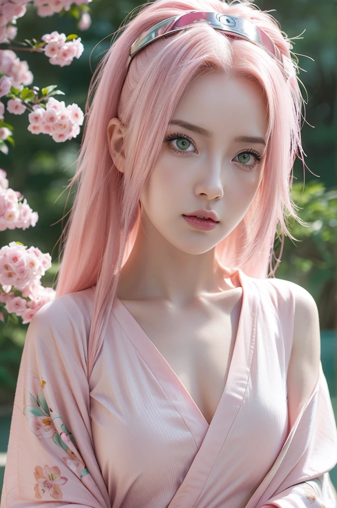 young woman pale skin, long bubblegum pink hair, pink eyebrows, big jade green eyes, buttoned nose, peach lips, small breasts, wide forehead, kimono of flowers and butterflies, Sakura Haruno, realist, 3D
