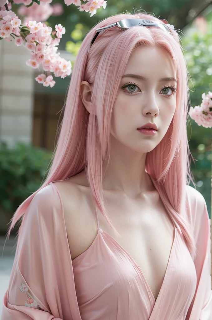 young woman pale skin, long bubblegum pink hair, pink eyebrows, big jade green eyes, buttoned nose, peach lips, small breasts, wide forehead, kimono of flowers and butterflies, Sakura Haruno, realist, 3D