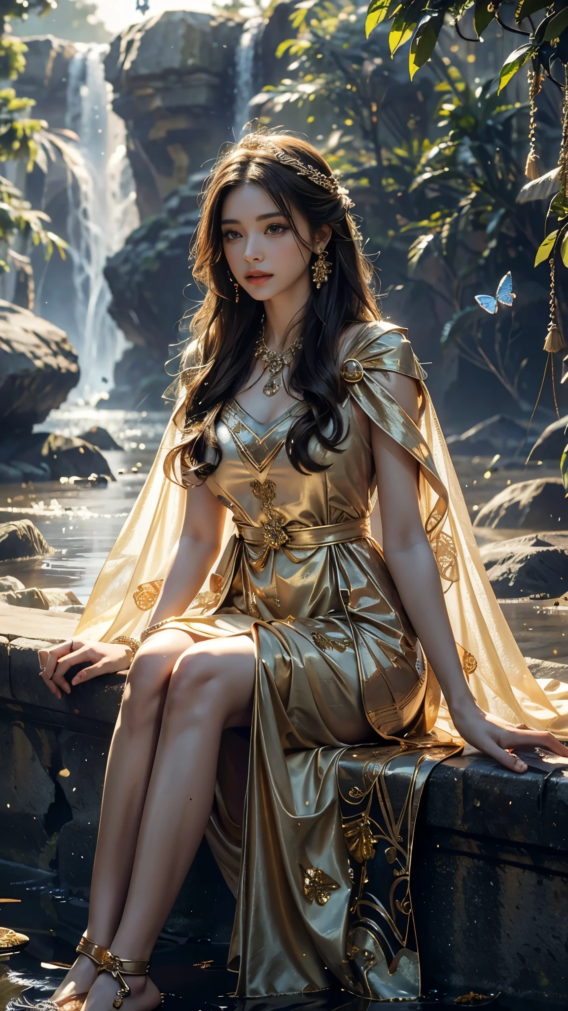 4K, UHD, Masterpiece, 1 girl, good face, detailed eyes, ((very long hair)), bridal hairstyle, butterfly on hair, ornaments, crystal ornaments, jwellery, block print dress, ((golden dress)), very detailed dress, strap dress, flowing cape, mesh stocking, cinematic unreal scenery, legendary scenery, rainy weather, wet ground, depth of field, ray tracing, bloom, god rays, lens flare, sun flare, cinematic pose, sitting,