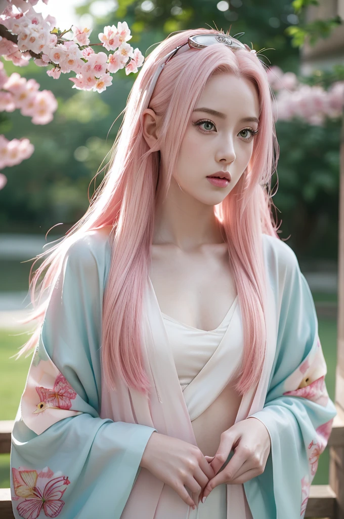 young woman pale skin, long bubblegum pink hair, pink eyebrows, big jade green eyes, buttoned nose, peach lips, small breasts, wide forehead, kimono of flowers and butterflies, Sakura Haruno, realist, 3D