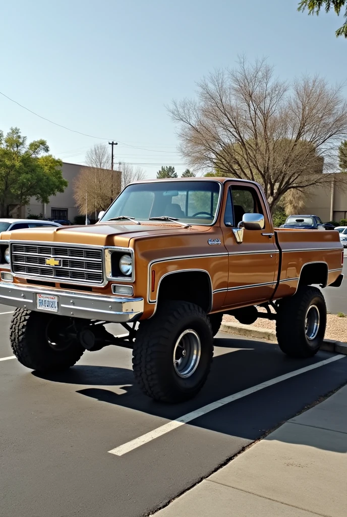 Chevrolet Silverado 350 truck, 1973, light brown, parked in a parking space