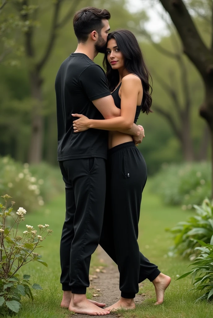 Black hair in the garden, black sweatpants , Barefoot woman. Man hugging woman from behind