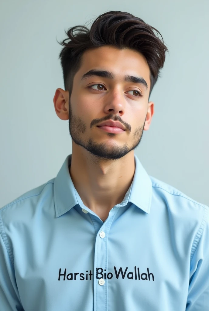 Make a cute boy with small beard with front view image without smile with a light blue colour new shirt and written on the shirt Harsit Bio Wallah