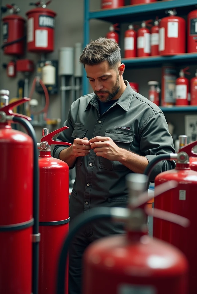 Recharging fire extinguishers man